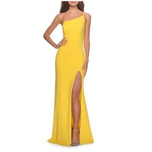 LA Femme Yellow One Shoulder Jersey Slit Gown